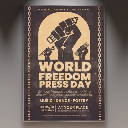 A professional World Press Freedom Day Flyer PSD Template for 2026 featuring a sophisticated journalistic aesthetic, clean editorial typography, and high-prestige media icons.