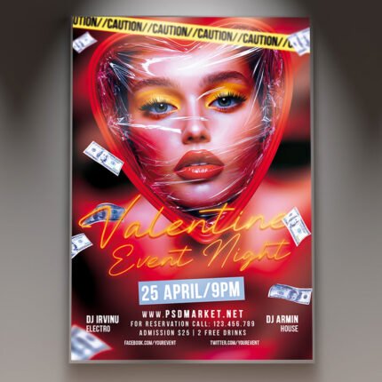 A professional Be My Valentine Event 2027 Flyer Template featuring a romantic aesthetic, ethereal light effects, and elegant, sophisticated typography.