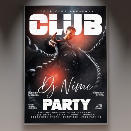A professional Club DJ Party Flyer PSD Template featuring an energetic nightlife aesthetic, intense laser light effects, and bold, modern typography.
