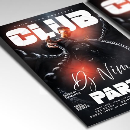 Customizable DJ party poster in PSD format with high-contrast textures, organized Photoshop layers, and premium artist photo placeholders.