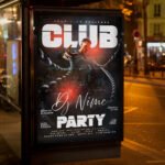 An eye-catching "Club DJ Party" invitation flyer template showing sharp 300 DPI resolution, electric neon color palettes, and professional music event aesthetics.
