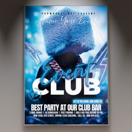 A professional Club Event 2027 Flyer PSD Template featuring a dynamic nightlife aesthetic, vibrant light-trails, and modern minimalist typography.