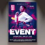 A professional Club Party Flyer PSD Template featuring a dynamic nightlife aesthetic, vibrant neon accents, and modern, bold typography.