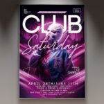 A professional Club Saturday Flyer PSD Template featuring a dynamic nightlife aesthetic, high-energy light-bursts, and bold, modern typography.