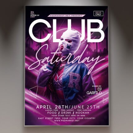 A professional Club Saturday Flyer PSD Template featuring a dynamic nightlife aesthetic, high-energy light-bursts, and bold, modern typography.