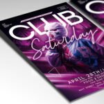 Customizable Saturday night club poster in PSD format with atmospheric textures, organized Photoshop layers, and premium VIP venue placeholders.