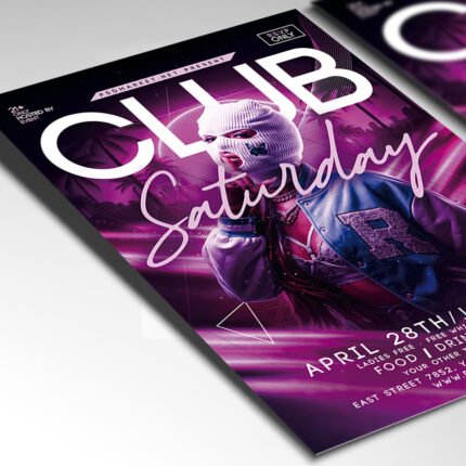 Customizable Saturday night club poster in PSD format with atmospheric textures, organized Photoshop layers, and premium VIP venue placeholders.