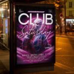 An eye-catching "Club Saturday" invitation flyer template showing sharp 300 DPI resolution, energetic color palettes, and professional nightlife festival aesthetics.