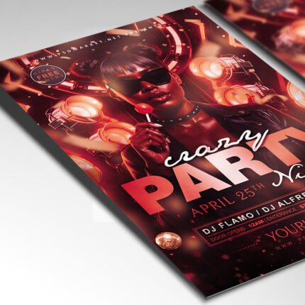 Customizable crazy event poster in PSD format with motion-blur textures, organized Photoshop layers, and premium VIP venue placeholders.