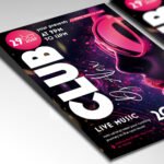 Customizable DJ music event poster in PSD format with sleek atmospheric lighting, organized Photoshop layers, and premium artist photo placeholders.