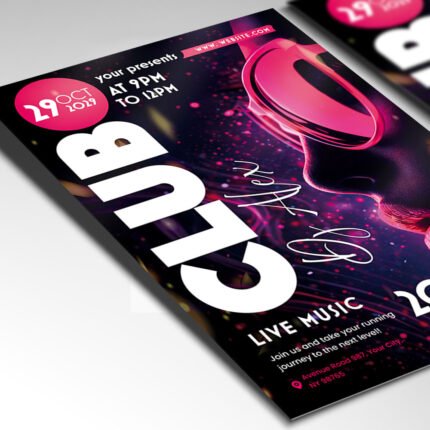 Customizable DJ music event poster in PSD format with sleek atmospheric lighting, organized Photoshop layers, and premium artist photo placeholders.