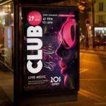 An eye-catching "DJ Club Music" invitation flyer template showing sharp 300 DPI resolution, professional music aesthetic, and high-impact design elements.