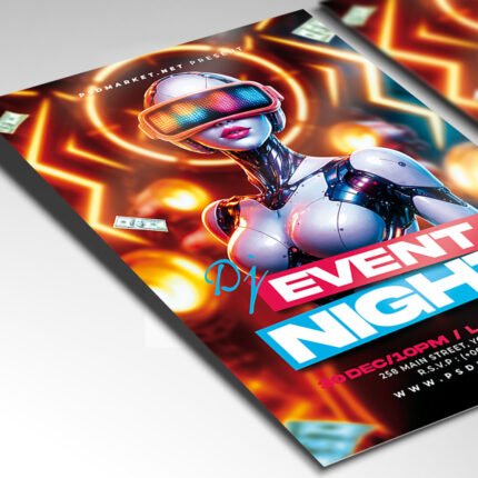 Customizable 2026 DJ night event poster in PSD format with sharp atmospheric lighting, organized Photoshop layers, and premium artist photo placeholders.