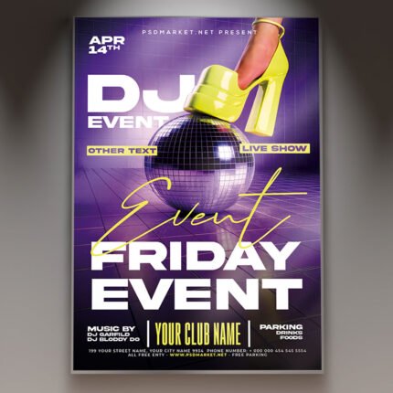 A professional Friday Event Flyer PSD Template featuring a high-energy nightlife aesthetic, vibrant neon light-bursts, and bold, modern typography.