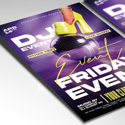 Customizable Friday night club poster in PSD format with organized Photoshop layers, premium drink special areas, and high-energy design motifs.