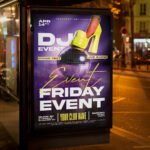 An eye-catching "Friday Event" invitation flyer template showing sharp 300 DPI resolution, energetic color palettes, and professional nightlife festival aesthetics.