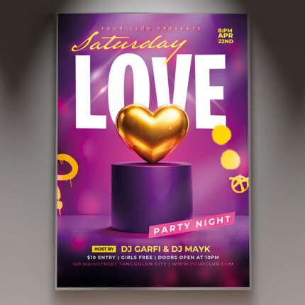 A professional Love Saturday Flyer PSD Template featuring a sophisticated nightlife aesthetic, luminous heart motifs, and sleek, modern typography.