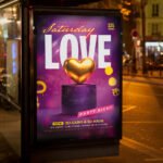 An eye-catching "Love Saturday" invitation flyer template showing sharp 300 DPI resolution, bold display fonts, and premium nightlife festival aesthetics.