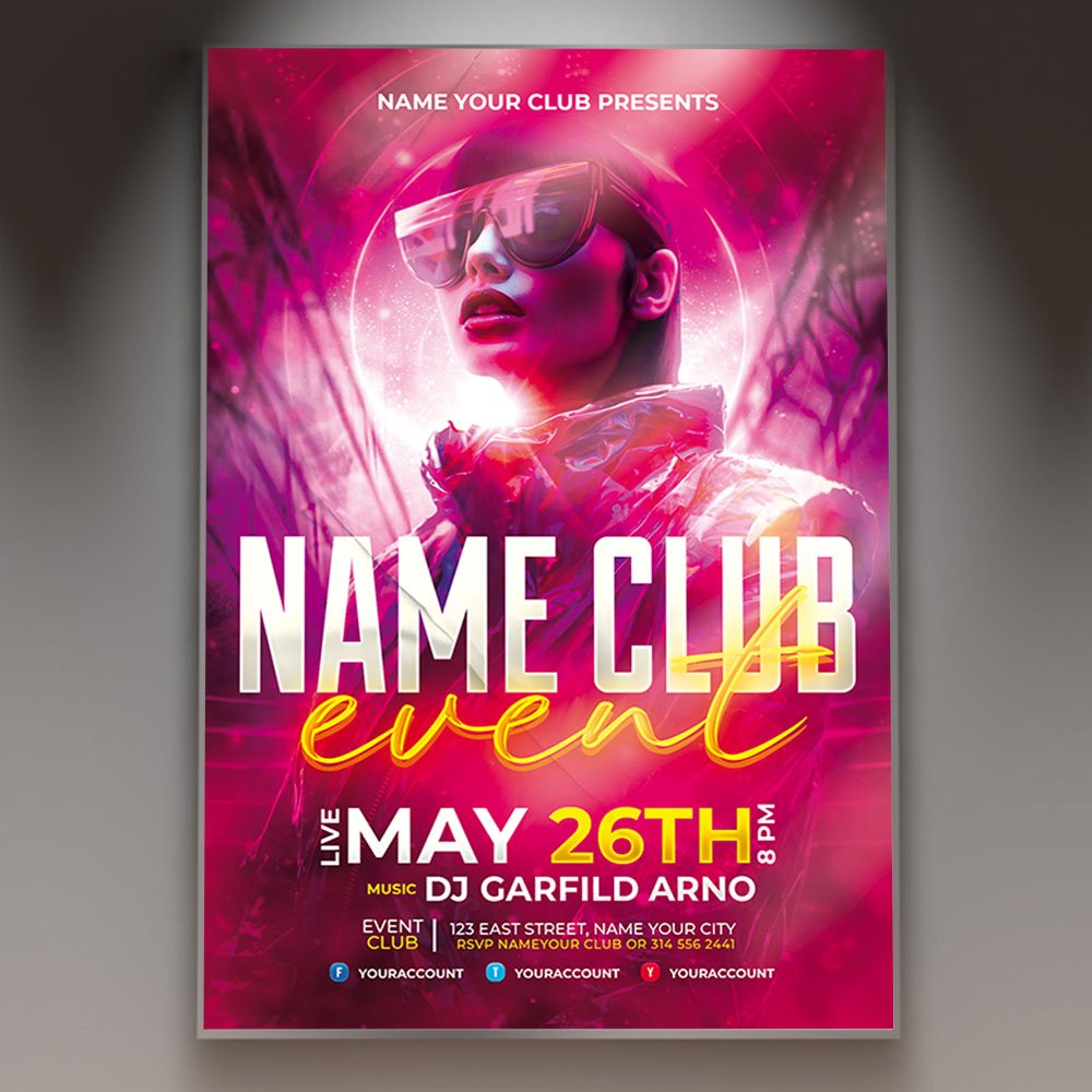 name-club-event-flyer-psd-template-1 A professional Name Club Event Flyer PSD Template featuring a sophisticated nightlife aesthetic, elegant lighting effects, and modern minimalist typography.