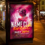 An eye-catching "Club Event" invitation flyer template showing sharp 300 DPI resolution, high-fashion display fonts, and professional club event aesthetics.