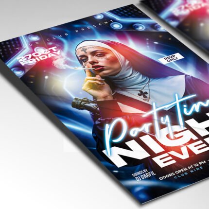 Customizable club party poster in PSD format with motion-blur textures, organized Photoshop layers, and premium VIP venue placeholders.
