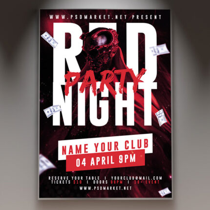 A professional Red Night Party Flyer PSD Template featuring a sophisticated crimson nightlife aesthetic, elegant light-leaks, and modern, bold typography.