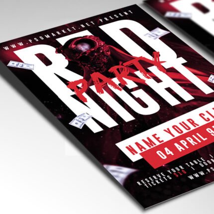 Customizable red night themed club poster in PSD format with deep gradients, organized Photoshop layers, and premium VIP venue placeholders.