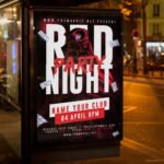 An eye-catching "Red Night Party" invitation flyer template showing sharp 300 DPI resolution, high-contrast design, and professional nightlife festival aesthetics.