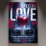 A professional Special DJ Love Flyer PSD Template featuring a blend of nightlife energy, romantic heart motifs, and modern, sleek typography.
