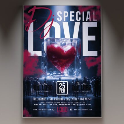 A professional Special DJ Love Flyer PSD Template featuring a blend of nightlife energy, romantic heart motifs, and modern, sleek typography.