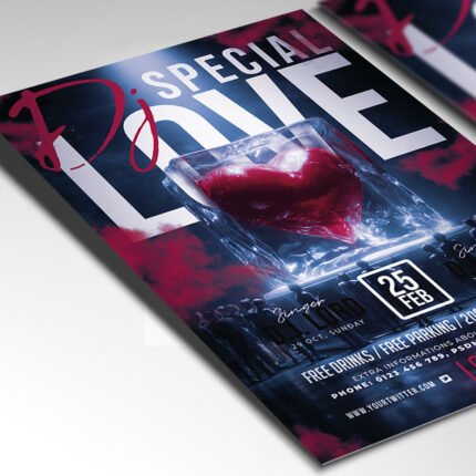 Customizable DJ and love-themed party poster in PSD format with metallic textures, organized Photoshop layers, and premium artist photo placeholders.