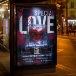 An eye-catching "Special DJ Love" invitation flyer template showing sharp 300 DPI resolution, elegant color palettes, and professional music event aesthetics.