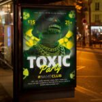 An eye-catching "Toxic Party" invitation flyer template showing sharp 300 DPI resolution, high-contrast design, and professional alternative nightlife aesthetics.
