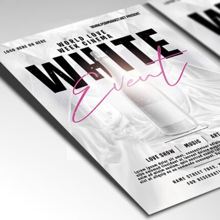 Customizable 2027 all-white party poster in PSD format with pristine textures, organized Photoshop layers, and premium VIP venue placeholders.