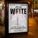 An eye-catching "White Event" invitation flyer template showing sharp 300 DPI resolution, high-fashion display fonts, and premium luxury event aesthetics.
