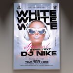 A professional White Event Night 2027 Flyer PSD Template featuring a sophisticated white aesthetic, shimmering silver accents, and elegant minimalist typography.