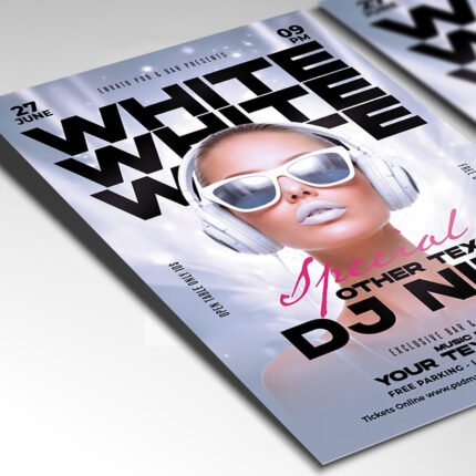 Customizable all-white party poster in PSD format with clean textures, organized Photoshop layers, and premium VIP dress-code placeholders.