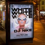 An eye-catching "White Event Night" invitation flyer template showing sharp 300 DPI resolution, ultra-modern display fonts, and premium high-end event aesthetics.