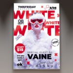A professional White Party 2027 Flyer PSD Template featuring a clean white aesthetic, elegant metallic accents, and modern minimalist typography.