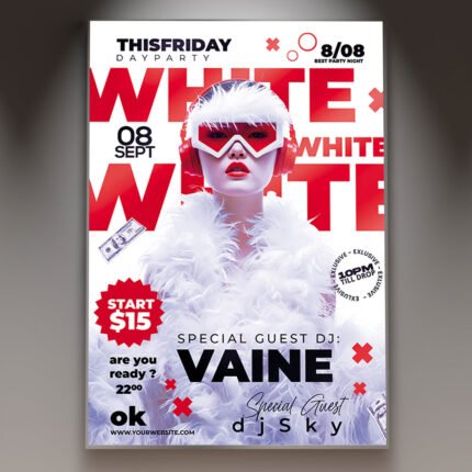 A professional White Party 2027 Flyer PSD Template featuring a clean white aesthetic, elegant metallic accents, and modern minimalist typography.