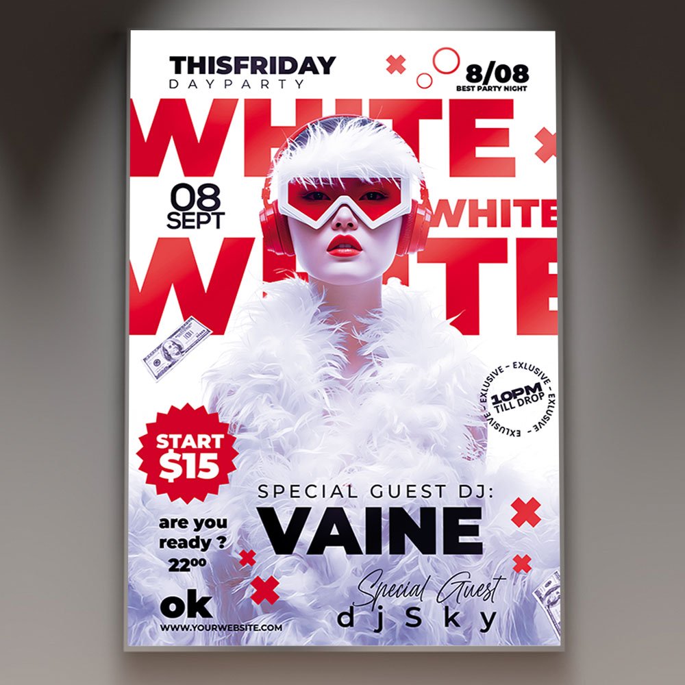white-party-2027-flyer-psd-template-1 A professional White Party 2027 Flyer PSD Template featuring a clean white aesthetic, elegant metallic accents, and modern minimalist typography.
