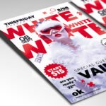 Customizable 2027 white party poster in PSD format with pristine textures, organized Photoshop layers, and premium VIP venue placeholders.