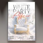 A professional White Party Affair Flyer PSD Template featuring a clean white aesthetic, elegant silver accents, and modern minimalist typography.