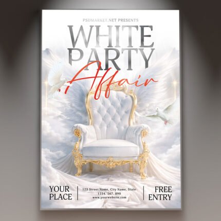 A professional White Party Affair Flyer PSD Template featuring a clean white aesthetic, elegant silver accents, and modern minimalist typography.