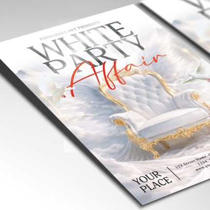 Customizable white party affair poster in PSD format with pristine textures, organized Photoshop layers, and premium VIP venue placeholders.