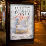 An eye-catching "White Party Affair" invitation flyer template showing sharp 300 DPI resolution, high-fashion display fonts, and premium luxury event aesthetics.