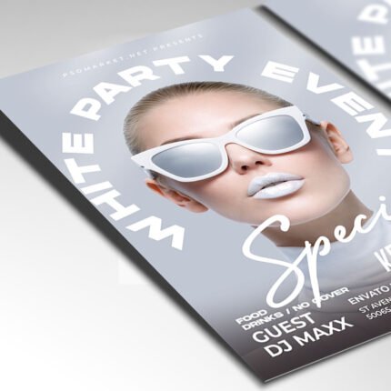 Customizable white party event night poster in PSD format with pristine textures, organized Photoshop layers, and premium VIP venue placeholders.