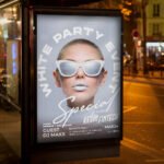 An eye-catching "White Party Event Night" invitation flyer template showing sharp 300 DPI resolution, high-fashion display fonts, and premium luxury event aesthetics.
