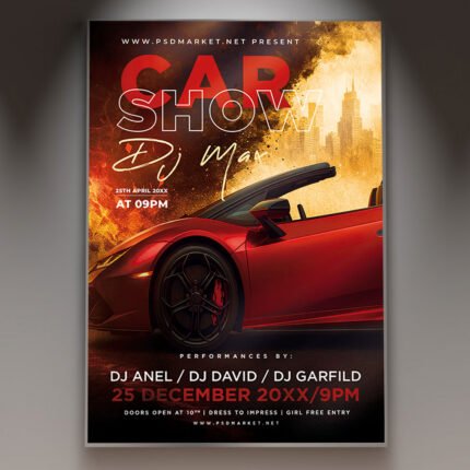 A professional Car Show Flyer Template featuring dynamic metallic textures, high-contrast dramatic lighting, and bold, industrial-style typography.