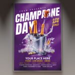 A professional Champagne Day Flyer Template featuring luxurious gold and platinum gradients, sparkling bubble elements, and elegant typography.
